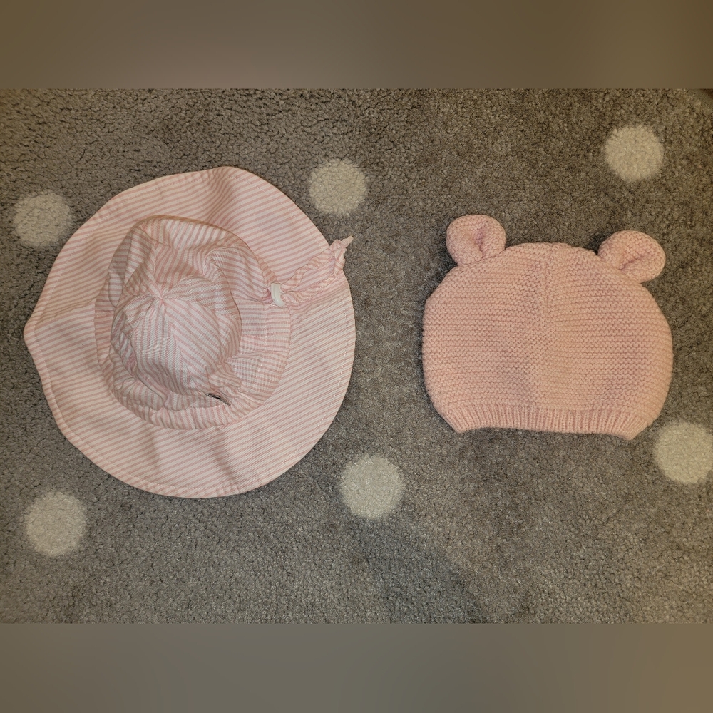 2 Baby Girl Hats – Jan & Jul Sun Hat (0–6M) & Joe Fresh Beanie (0–12M), Pink